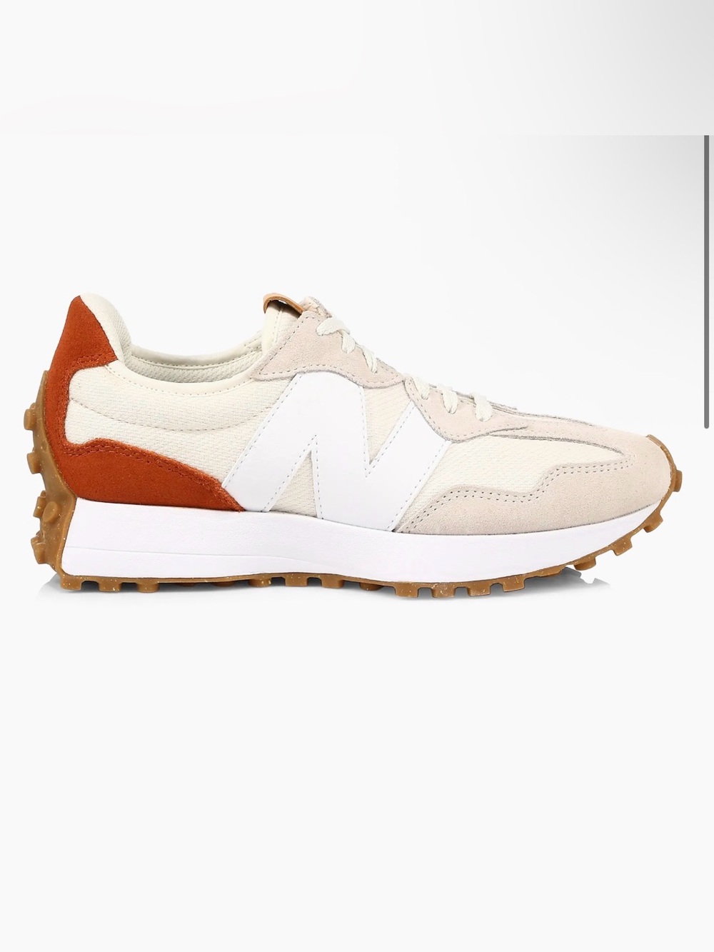 New Balance 327 sneaker in an ivory, sea salt, and rust oxide colorway.